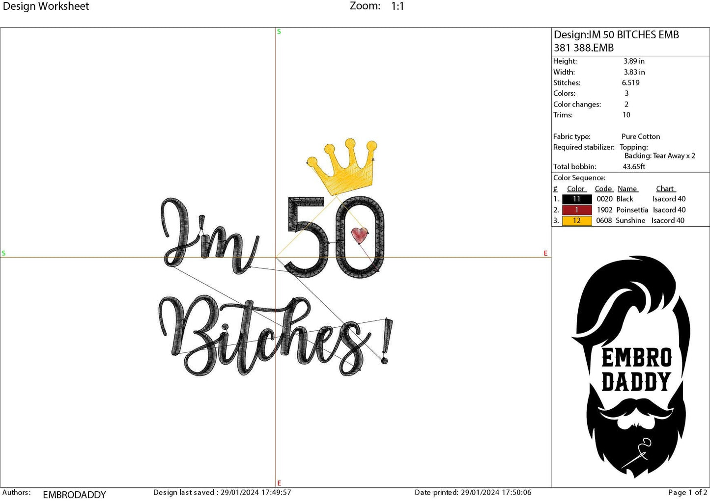 Mature, Machine Embroidery files, I'm 50 b*tches!, 50 th birthday, PES, dst, vip, xxx, hus & more