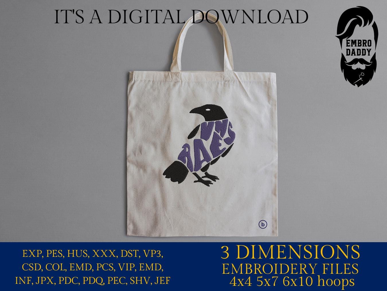 Machine Embroidery, Ravens, embroidery design, football gift idea PES, xxx, hus & more, fan embroidery files