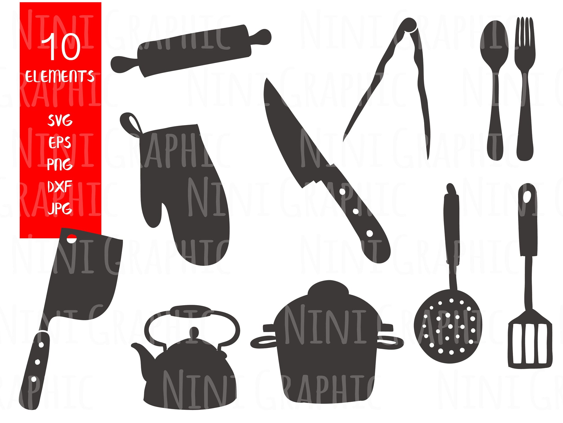 Kitchen svg, kitchen utensils clipart, restaurant clip art, spoon , fork, rolling pin, kitchen png, kitchen clipart, files for silhouette