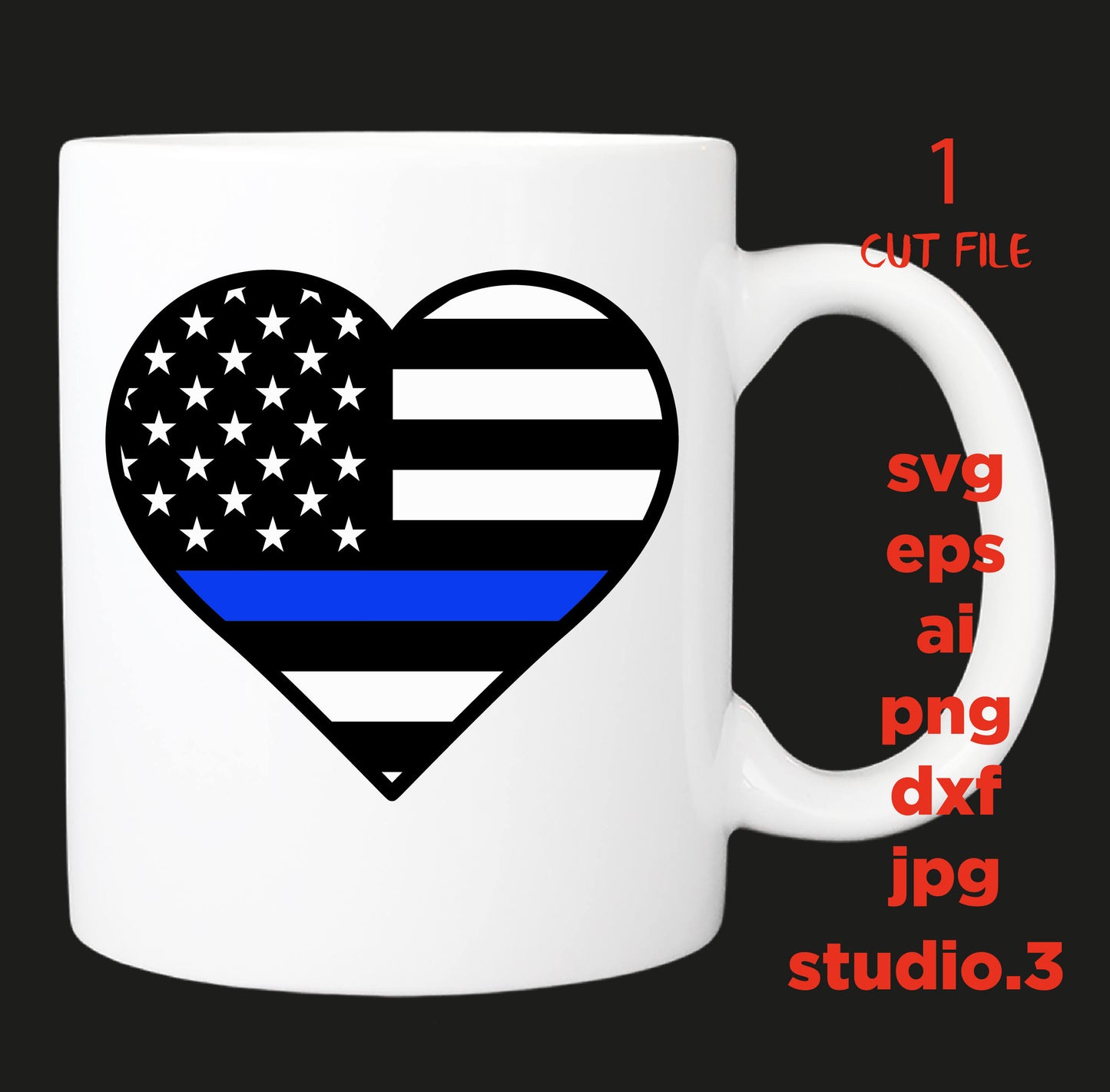 Police heart thin blue line usa flag SVG, cut file, dxf, jpg, png, ai, eps, Police SVG, Badge SVG, Silhouette Files, Cricut Files