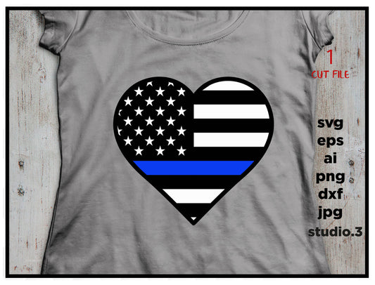 Police heart thin blue line usa flag SVG, cut file, dxf, jpg, png, ai, eps, Police SVG, Badge SVG, Silhouette Files, Cricut Files