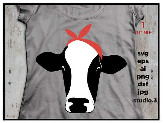 Cow with bandana - digital file, printable, svg, pdf, png, eps, dxf. t-shirt design, silhouette,  for Cricut & silhouette, Iron on transfer