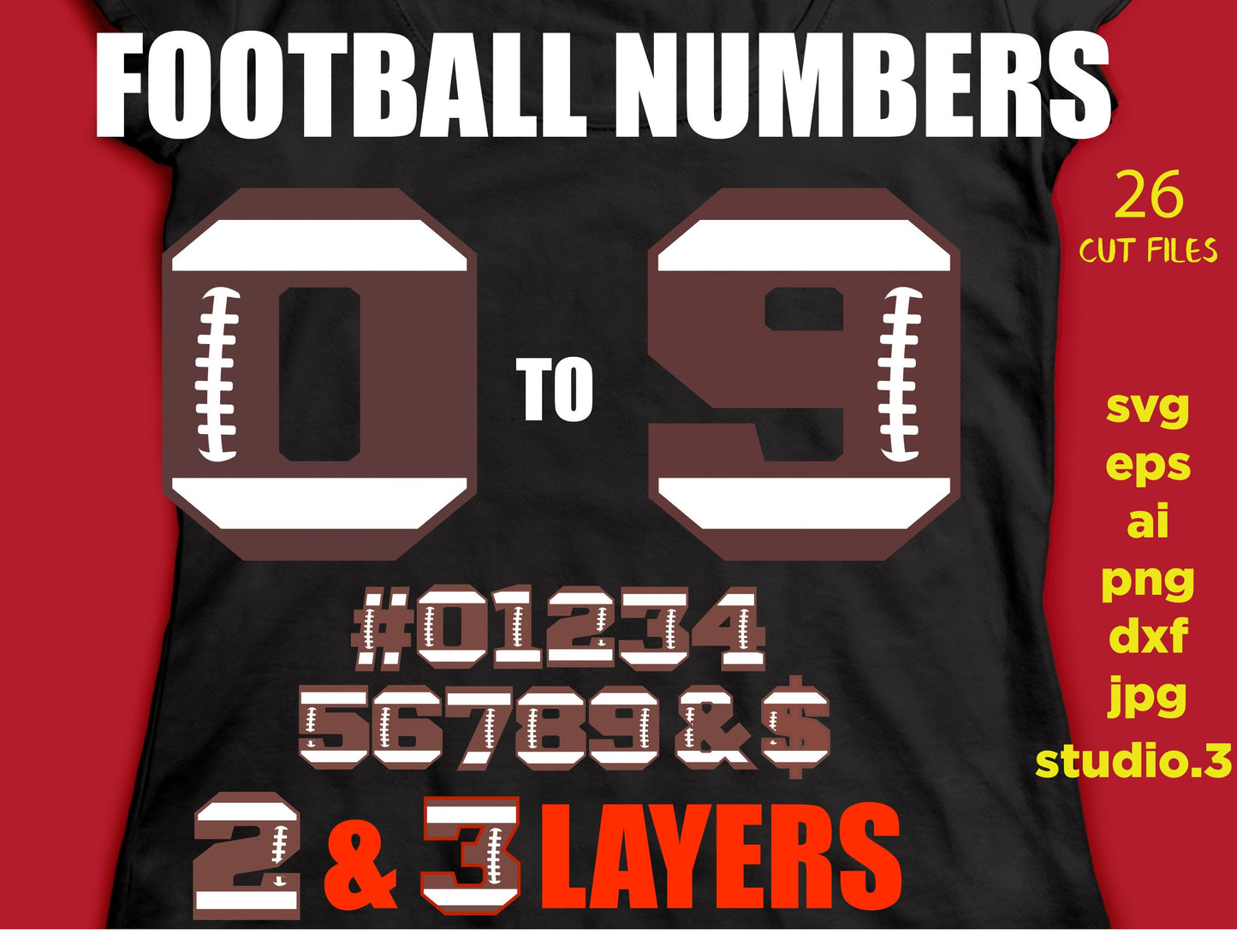 Football numbers SVG and dxf, 2 and 3 layers versions, files for Silhouette Studio & Cricut Svg, Dxf, Jpg, Png, Eps, cut file, Ai