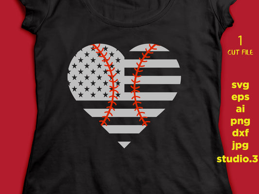 Baseball Heart-USA Flag, Love SVG, baseball Svg, Cutting Files For Silhouette and Cricut, cut file, jpeg, png, cut file, eps, dxf