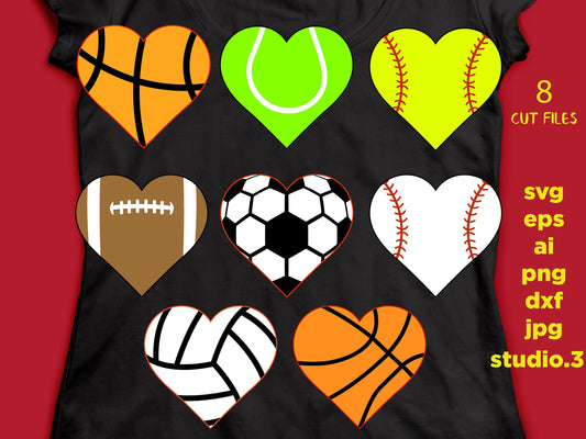 Sports Heart, Sport Heart Svg, Football Heart, Soccer Heart, Baseball Heart, Cut File FOR Silhouette Studio & Cricut Svg Dxf Jpg Png Eps Ai