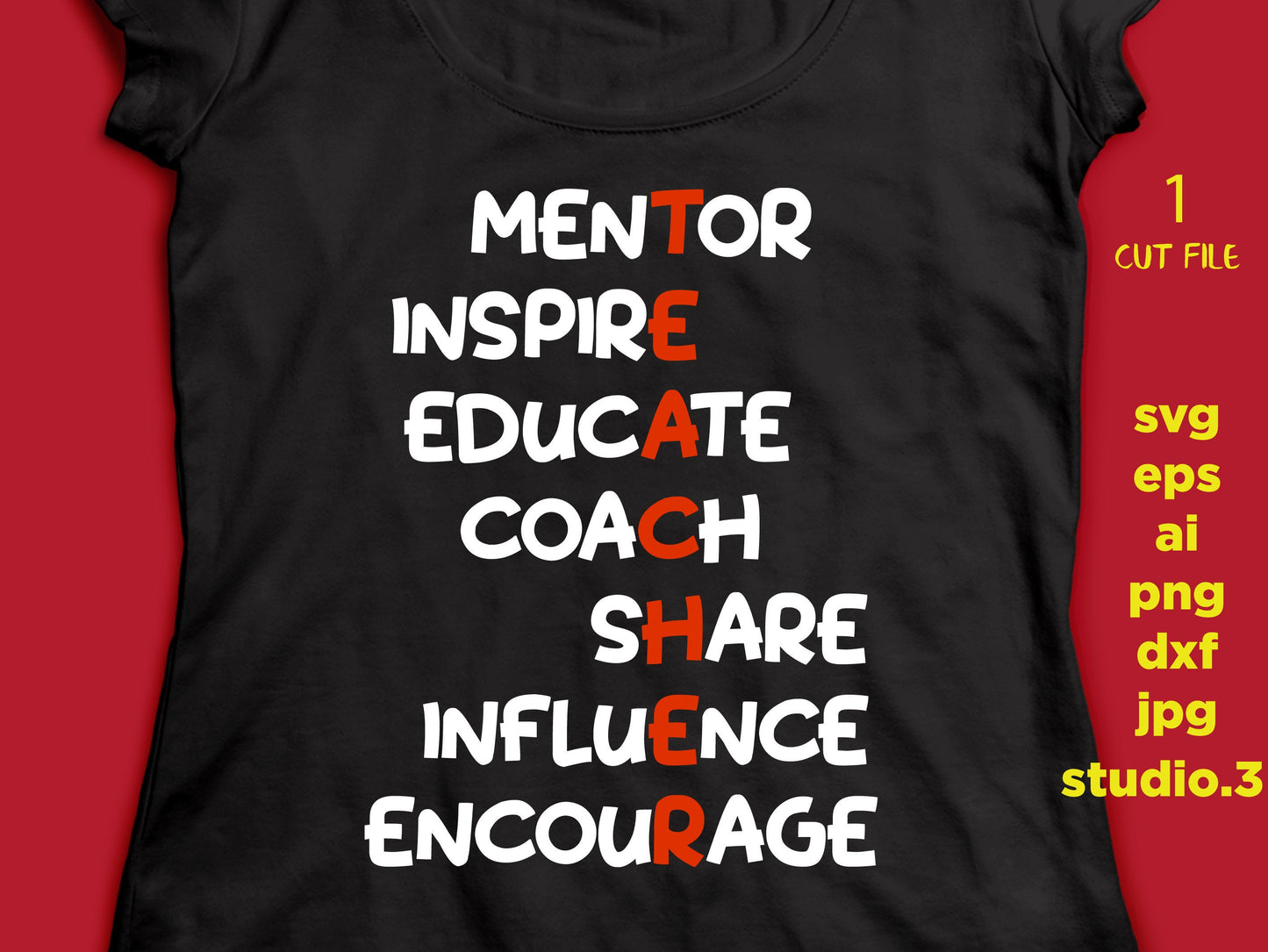 Teacher cut file, Mentor, Inspire, Educate, Coach, Share, Influence, Encourage, svg, dxf, jpg, cut file, SVG, png, eps, ai