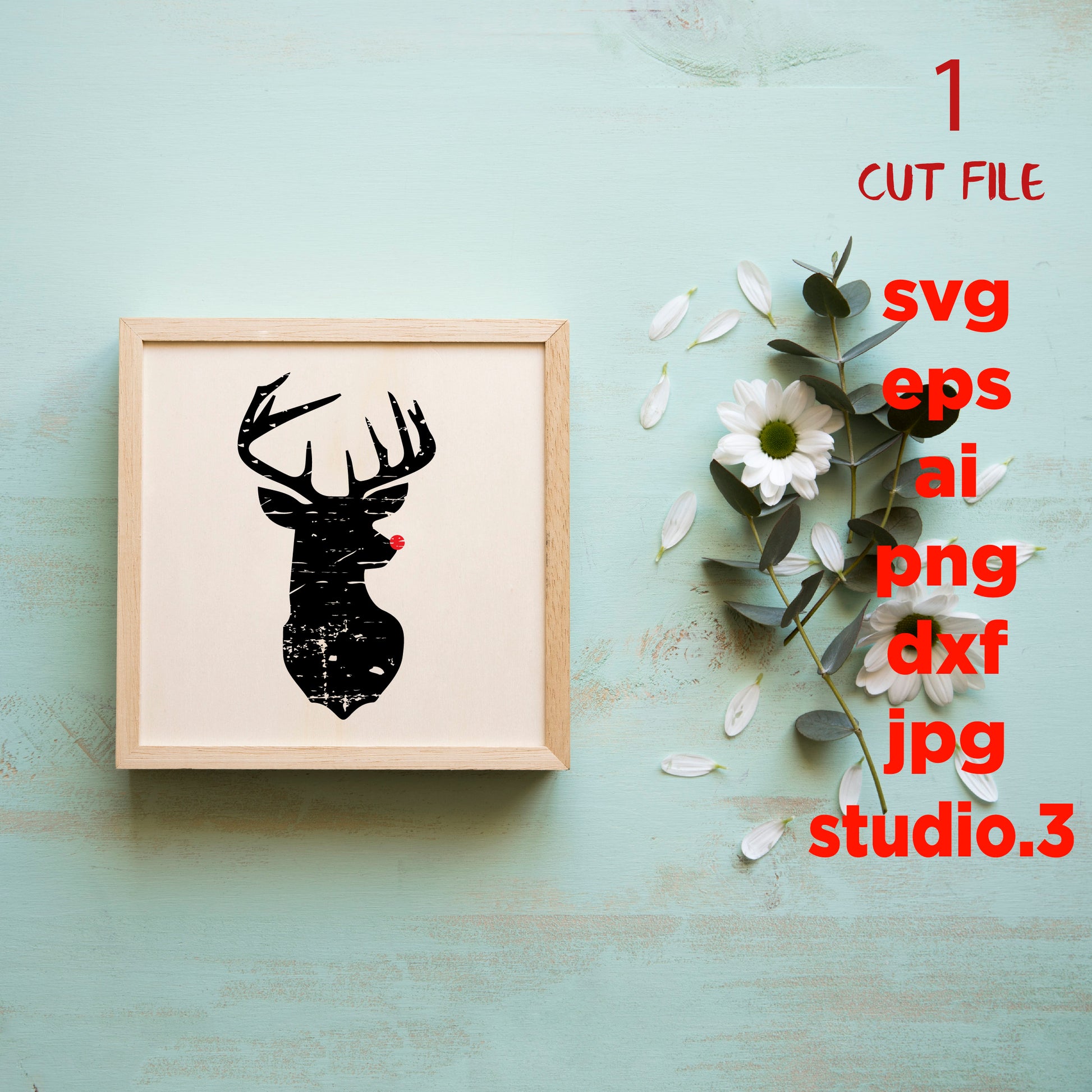 Reindeer deer rudolph distressed, Christmas SVG  SVG Deer Red Nose Reindeer Santa Clipart Svg, Silhouette Cricut Cut File, monogram frame