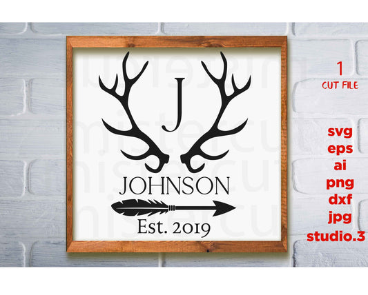 Family Name Sign svg, Antler Monogram Frame svg, Antler svg, Hunting svg, Cabin Sign svg eps, png, jpg transfer, cut file, cricut silhouette