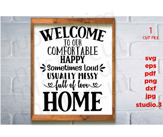 Welcome To Our Comfortable Happy Sometimes Loud Usually Messy Home, SVG, dxf, cut file, jpg paper transfer, welcome svg, farmhouse style svg