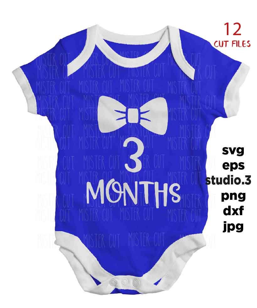 Bowtie Theme Baby Monthly, SVG, DxF, EpS, cut file, png, jpg, 12 Month Set Outfit, First Year Milestone Set Cut file, baby bodysuit svg