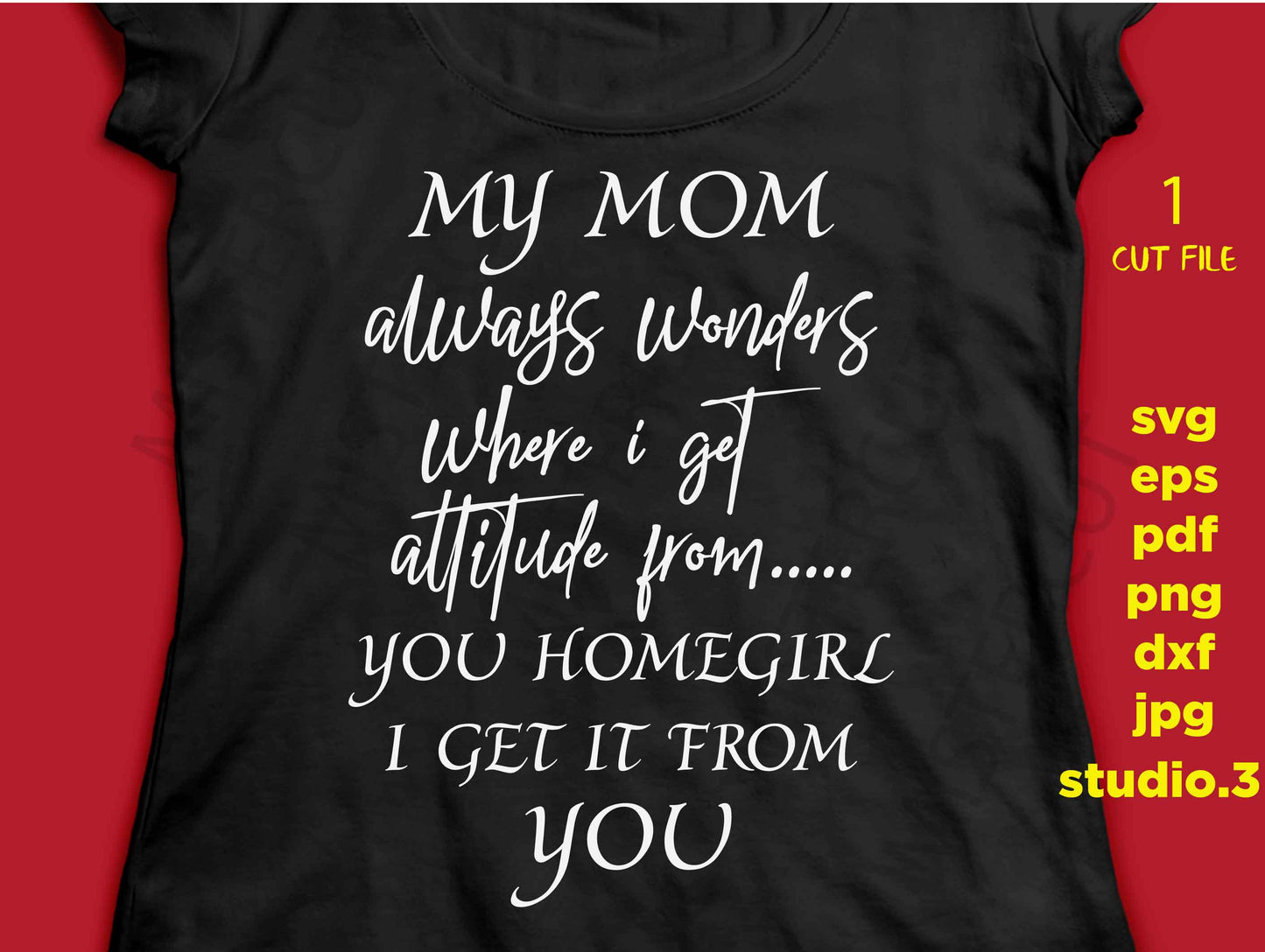 My Mom Always Wonders Where I get My Attitude From SVG,  dxf, jpg transfer, cut file, png, Attitude SVG, Attitude Shirt, from my mom