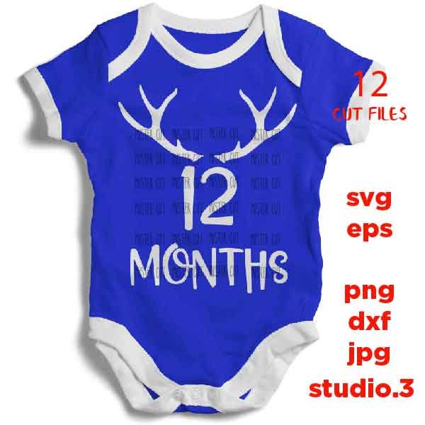 Antler theme Baby Monthly, SVG, DxF, EpS, cut file, png, jpg, 12 Month Set Outfit, First Year Milestone Set Cut file, baby bodysuit svg