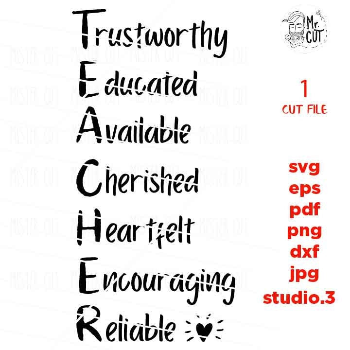 theacher SVG, teacher dxf, teacher qualities svg Back to School, Teacher Shirt, svg, eps, png, jpg mirrored, cut file, school svg