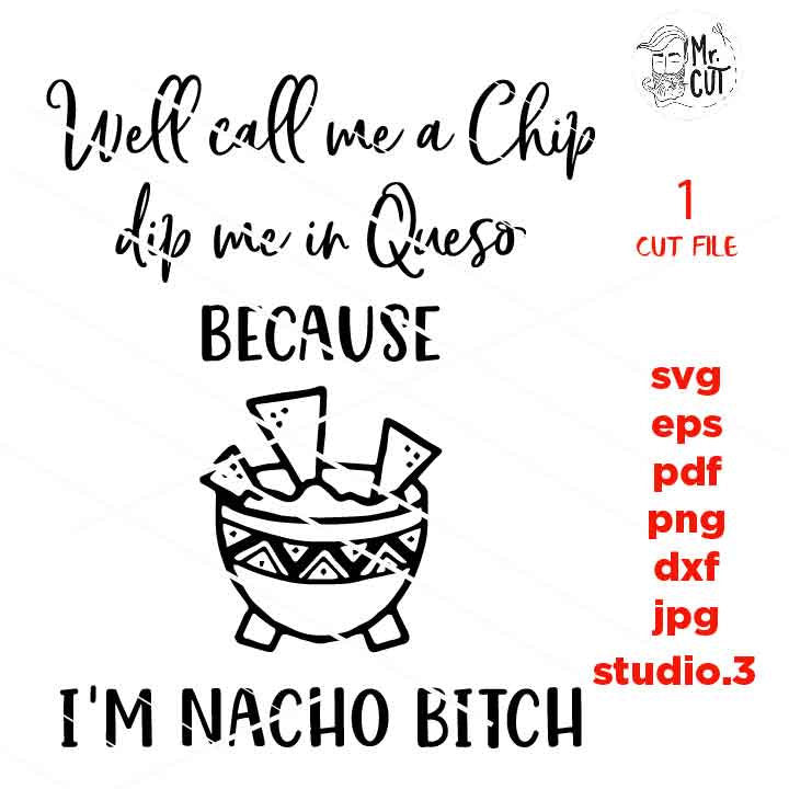 Well Call Me Chip Dip Me In Queso Because I'm Nacho Bitch SVG, DXF, EpS, png, jpg, cut file, drink svg, NACHO svg, funny svg, drunk svg