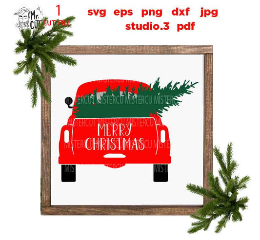 Merry Christmas SVG, Old Truck SVG, truck tree svg, Back of Truck with tree, Christmas svg, DxF, EpS, cut file, png, jpg mirrored