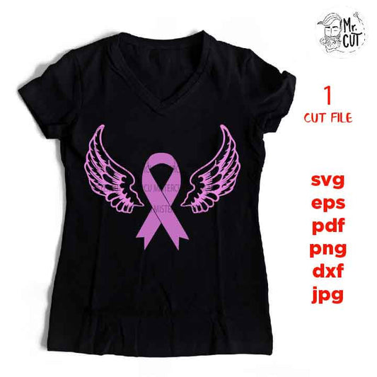 angel wings ribbon, Breast Cancer Awareness, Breast Cancer Pink Ribbon, cancer Svg, PNG, Dxf, shirt, sign