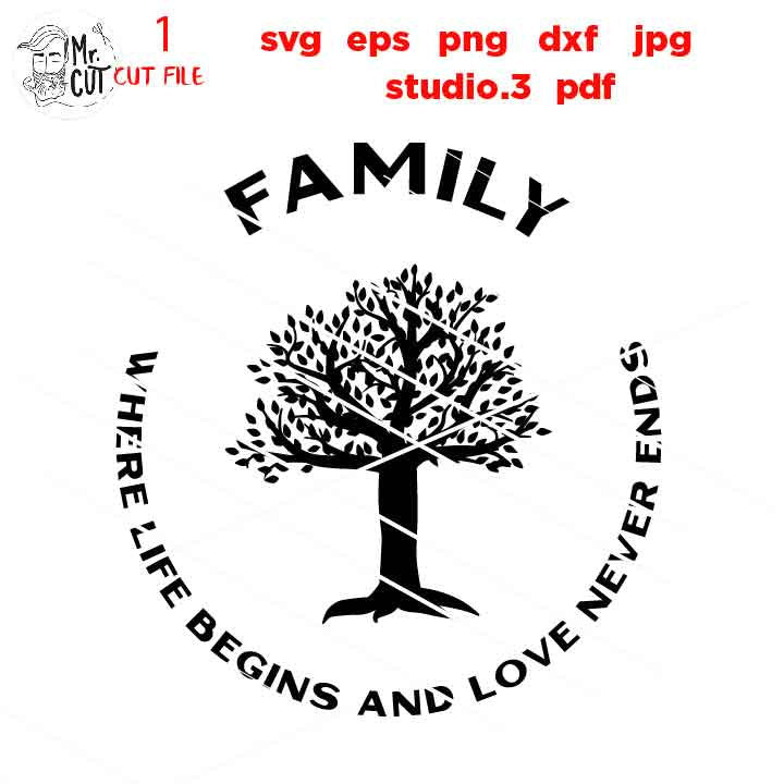 Family Where Life Begins SVG, Family SVG, Where Life Begins and Love Never Ends dxf, jpg transfer, cut file, png, eps, tree life svg