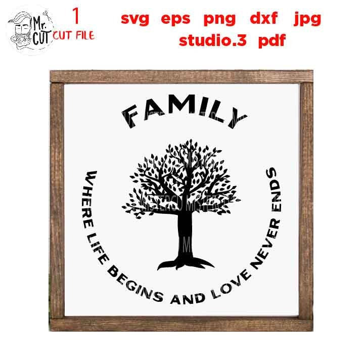 Family Where Life Begins SVG, Family SVG, Where Life Begins and Love Never Ends dxf, jpg transfer, cut file, png, eps, tree life svg