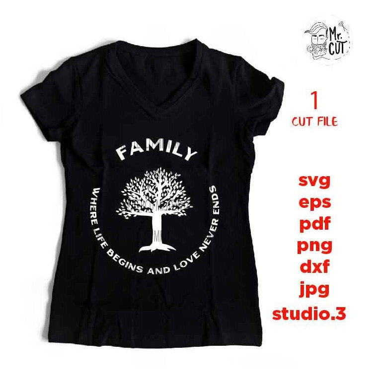 Family Where Life Begins SVG, Family SVG, Where Life Begins and Love Never Ends dxf, jpg transfer, cut file, png, eps, tree life svg