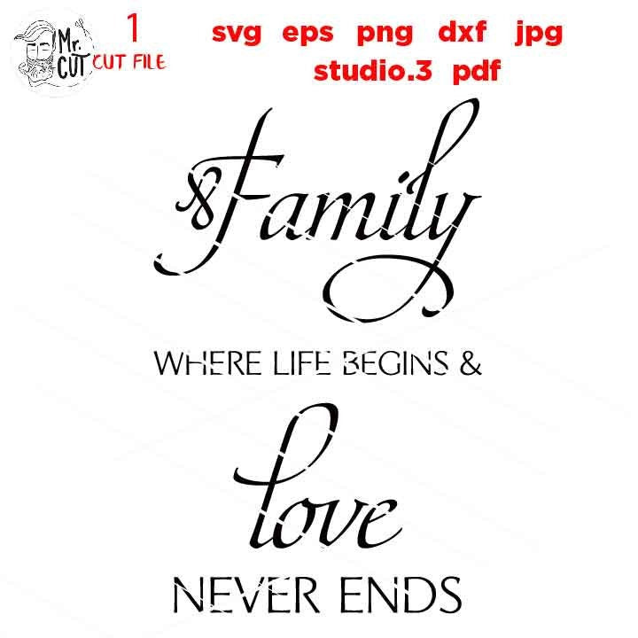 Family Where Life Begins SVG, Family SVG, Where Life Begins and Love Never Ends dxf, jpg transfer, cut file, png, eps, tree life svg