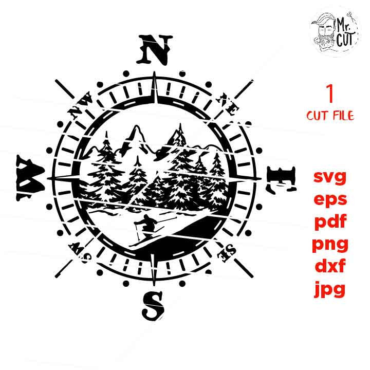 skier Compass, ski Adventure Badge svg, decal SVG, PNG, Dxf, jpg, eps, Cut File, mountain svg, camp, outdoor sign, ski shirt, ski decal