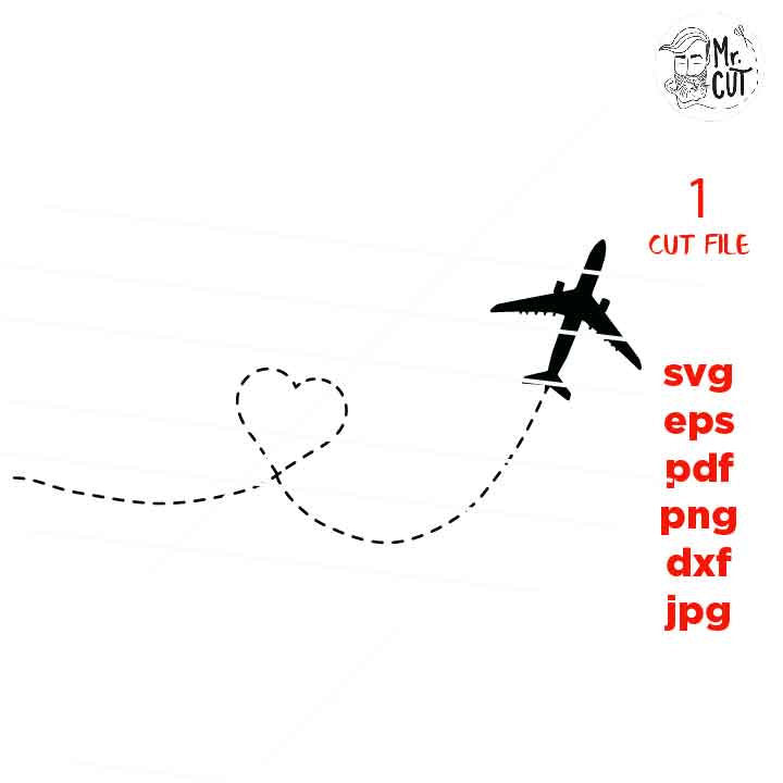 Airplane SVG, Flying airplane SVG, DXF, EpS, jpg mirrored, cut file,Plane heart route svg cutting files, Travel svg,Airplane clipart