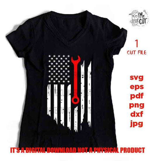 USA flag WITH wrench svg, dxf, cut file, vector design wrench, monkey wrench, spanner, Distressed flag Svg, jpg, usa flag, mechanic shirt