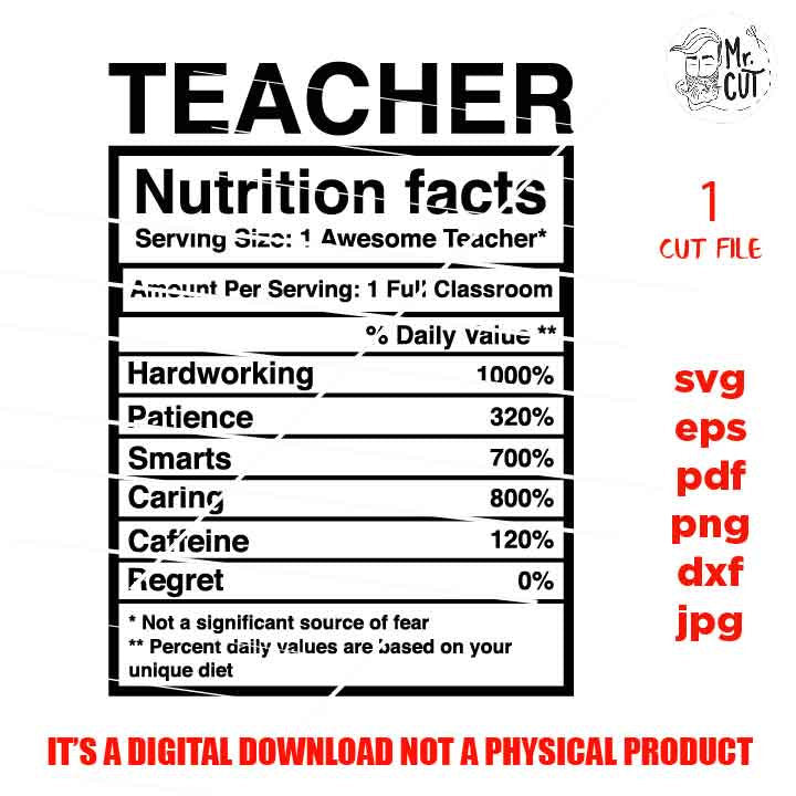 Teacher Nutrition Facts, Teacher svg, Appreciation svg, teacher sign svg, Teacher Shirt, school svg, eps, png, jpg mirrored