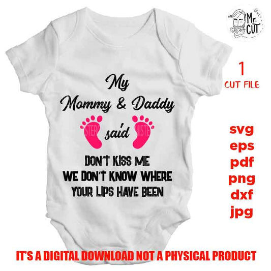 No Kisses, New Baby svg, Baby Shower svg, We Don't Know Where Your Lips Have Been SVG, funny baby bodysuit DXF, mirrored jpg, cut file