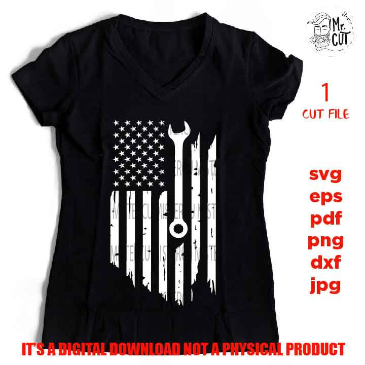 USA flag WITH wrench svg, dxf, cut file, vector design wrench, monkey wrench, spanner, Distressed flag Svg, jpg, usa flag, mechanic shirt