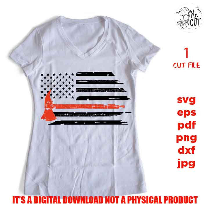 USA flag Fire Dept Red Line Svg Fireman Distressed Flag Svg Firefighter Cut Files Fire Axe Vinyl Decal Design T-shirt, for Cricut Silhouette