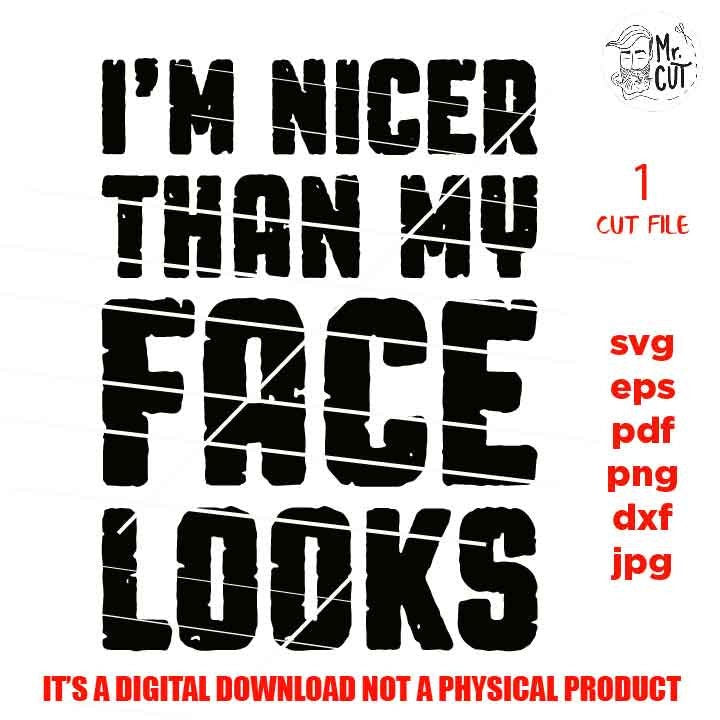 I Promise I'm Nicer Than My Face Looks svg, shirt vector design, dxf, jpg reverse, cut file, SVG Files, Funny Shirt svg, Sassy svg