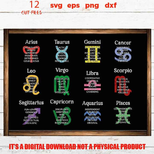 Zodiac Sign Bundle SVG, png, dxf, cut files Zodiac, Astrology, Birthday, Star svg, dxf, eps, png, cutting file, Cricut, Silhouette Cut file