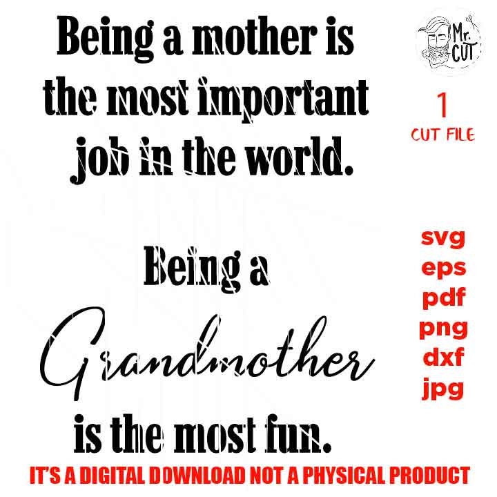 Being a mother is the most important job, Being a grandmother is the most fun cut file, png, Grandma sign vector design, gift mother's day