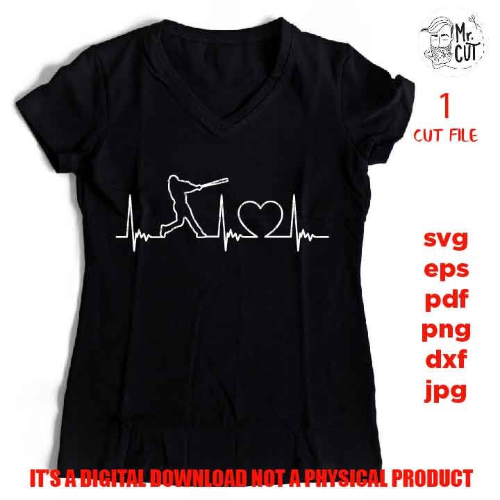 svg files, heartbeat baseball ekg shirt Cut file, player svg, car decal vector design, Dxf, eps, baseball Sister svg, baseball Mom, heart