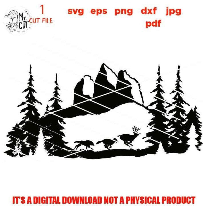 wolves hunting deer svg, mountain svg, adventure decal SVG, PNG, Dxf, jpg, eps, Cut File,  love hunt svg, sign vector design svg