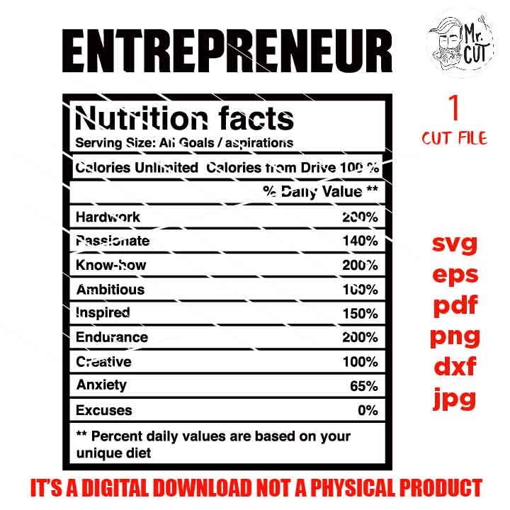 Entrepreneur Facts SVG, svg, jpg, cut file Nutrition Guide SVG, Boss SVG, Business Svg, Self-Employed Svg, Ambition, Passion, Hardworking