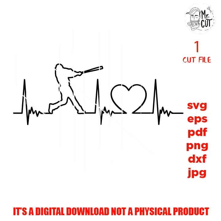 svg files, heartbeat baseball ekg shirt Cut file, player svg, car decal vector design, Dxf, eps, baseball Sister svg, baseball Mom, heart