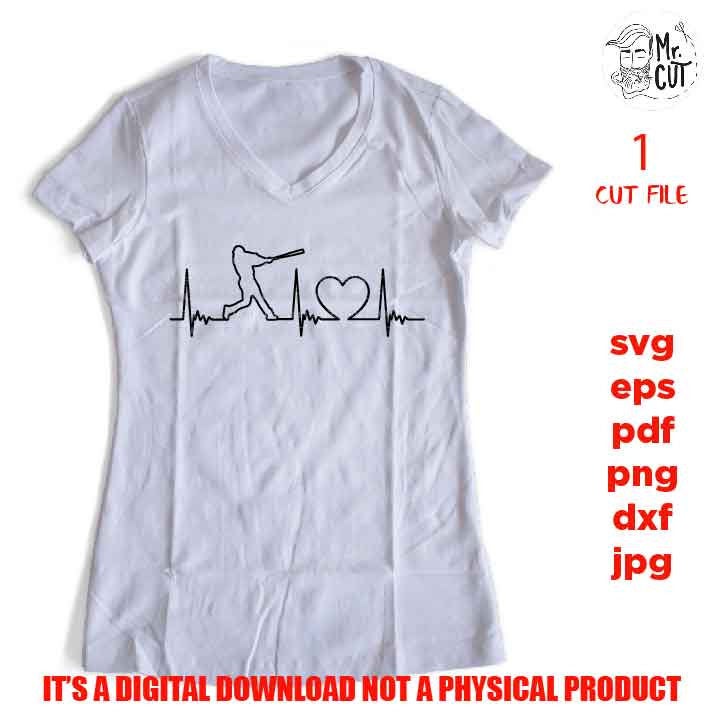 svg files, heartbeat baseball ekg shirt Cut file, player svg, car decal vector design, Dxf, eps, baseball Sister svg, baseball Mom, heart