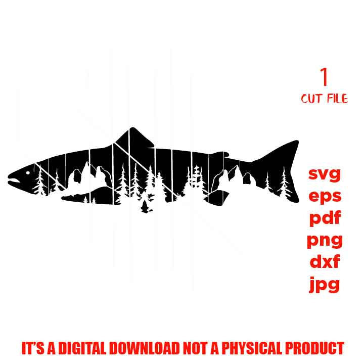 Mountain Salmon SVG, PNG high resolution, Dxf, fisher Gift Idea, fish Design, FISHING Svg, fish shirt vector design