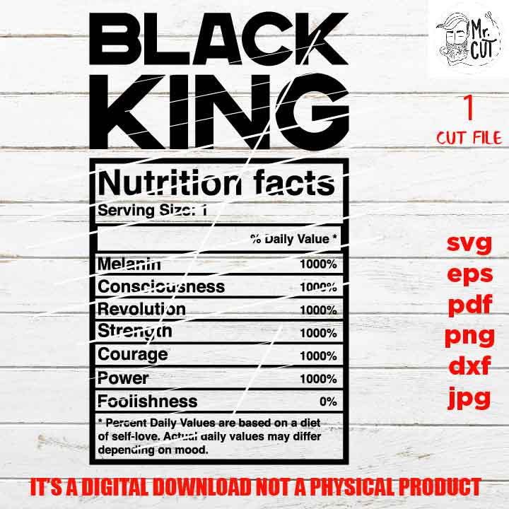 Black king, Black king nutrition facts shirt vector design EpS, dxf jpg reverse, png high resolution, pdf, cut files, American man melanin