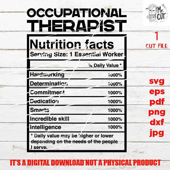 Occupational Therapist Nutrition Facts shirt vector design, cut file, Therapist idea gift, sign Svg, PNG, Dxf, eps, pdf, essential worker