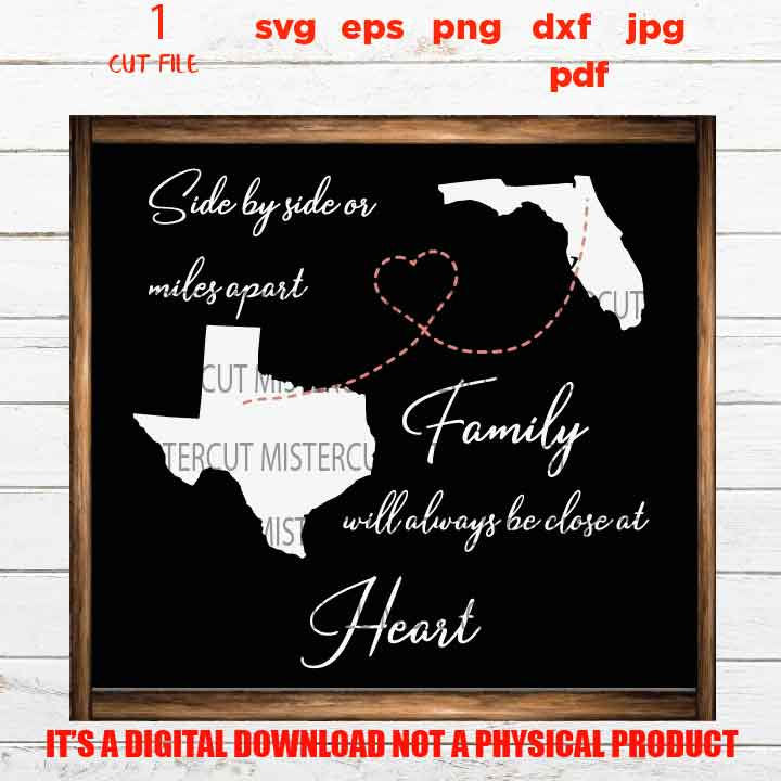 Side By Side or Miles Apart Close At Heart , Family sign SVG, Texas, Florida, reunion, dxf, jpg, cut file, png, eps, vector design