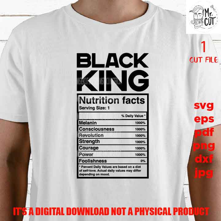 Black king, Black king nutrition facts shirt vector design EpS, dxf jpg reverse, png high resolution, pdf, cut files, American man melanin