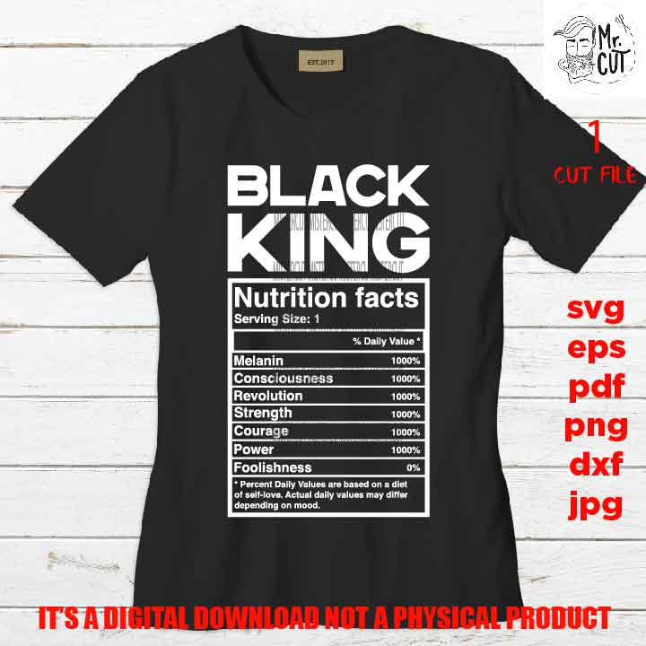 Black king, Black king nutrition facts shirt vector design EpS, dxf jpg reverse, png high resolution, pdf, cut files, American man melanin