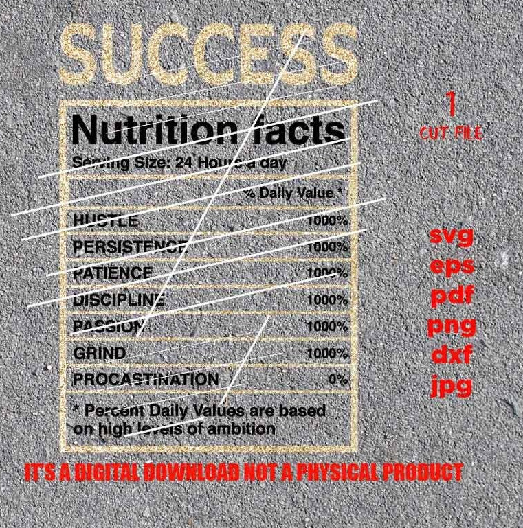 Success Nutritional Facts Label svg, EpS,dxf, jpg reverse, png, pdf, cut files, Funny Quote Digital design, grind, hustle, mom life