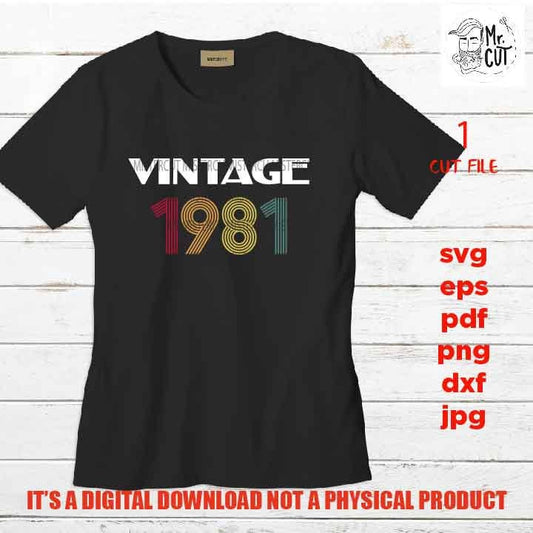 vintage 1981, Birthday shirt vector design SVG, png high resolution, DxF, EpS, cut file, Cricut & silhouette, Iron on transfer,