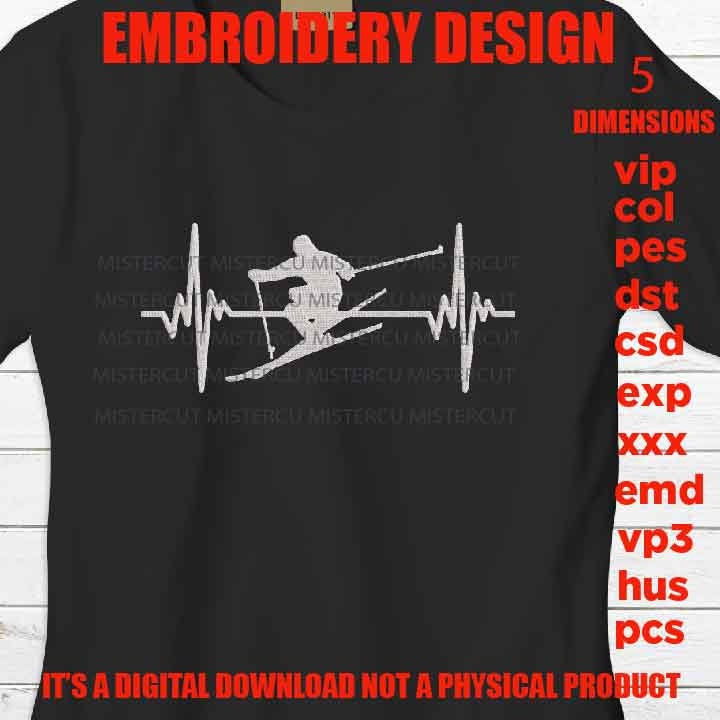 Machine Embroidery, skiing heart beat embroidery files, skier Gift Idea, nature Design landscape, PES, xxx, hus & more, ski outdoor pes