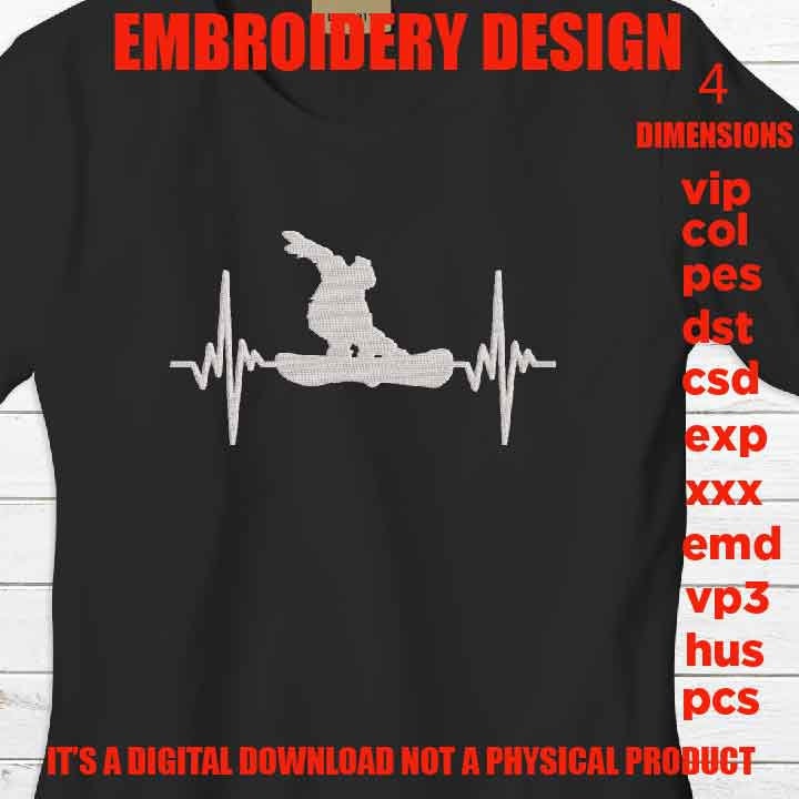 Machine Embroidery, snowboarding heartbeat embroidery files, snowboarder Gift Idea, skier Design, PES, xxx, hus, vip & more, outdoor pes