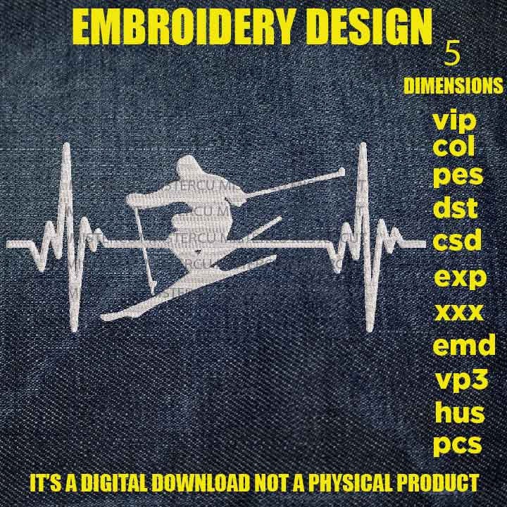 Machine Embroidery, skiing heart beat embroidery files, skier Gift Idea, nature Design landscape, PES, xxx, hus & more, ski outdoor pes